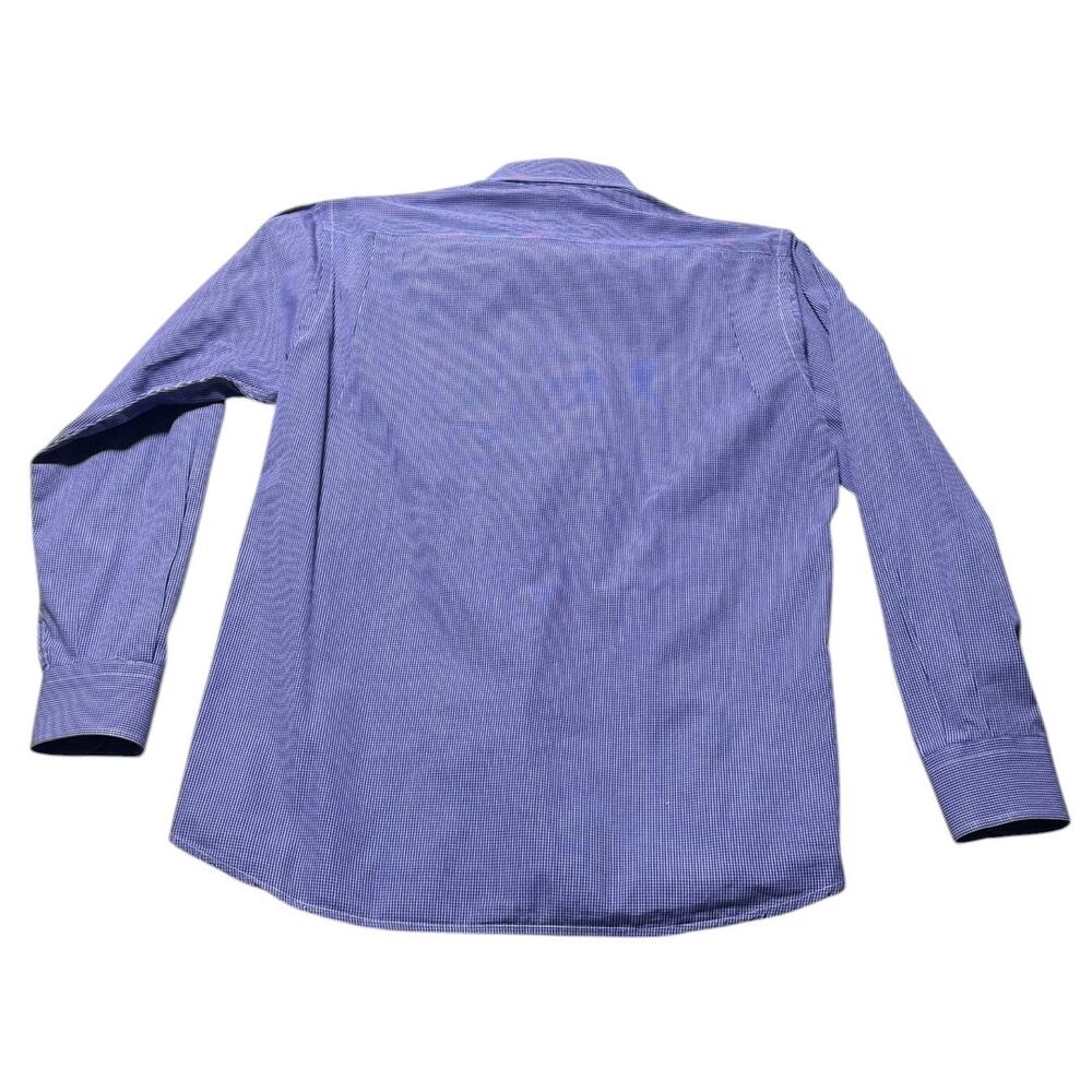 Burberry London Button-Up Dress Shirt Men's 15 Blue White Micro-Check Curved Hem - Picture 3 of 14